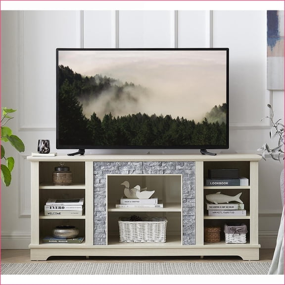 TV Furniture White Traditional Entertainment Stand with Faux Stone, Fits 65 TV, 58 Wide | White | MDF