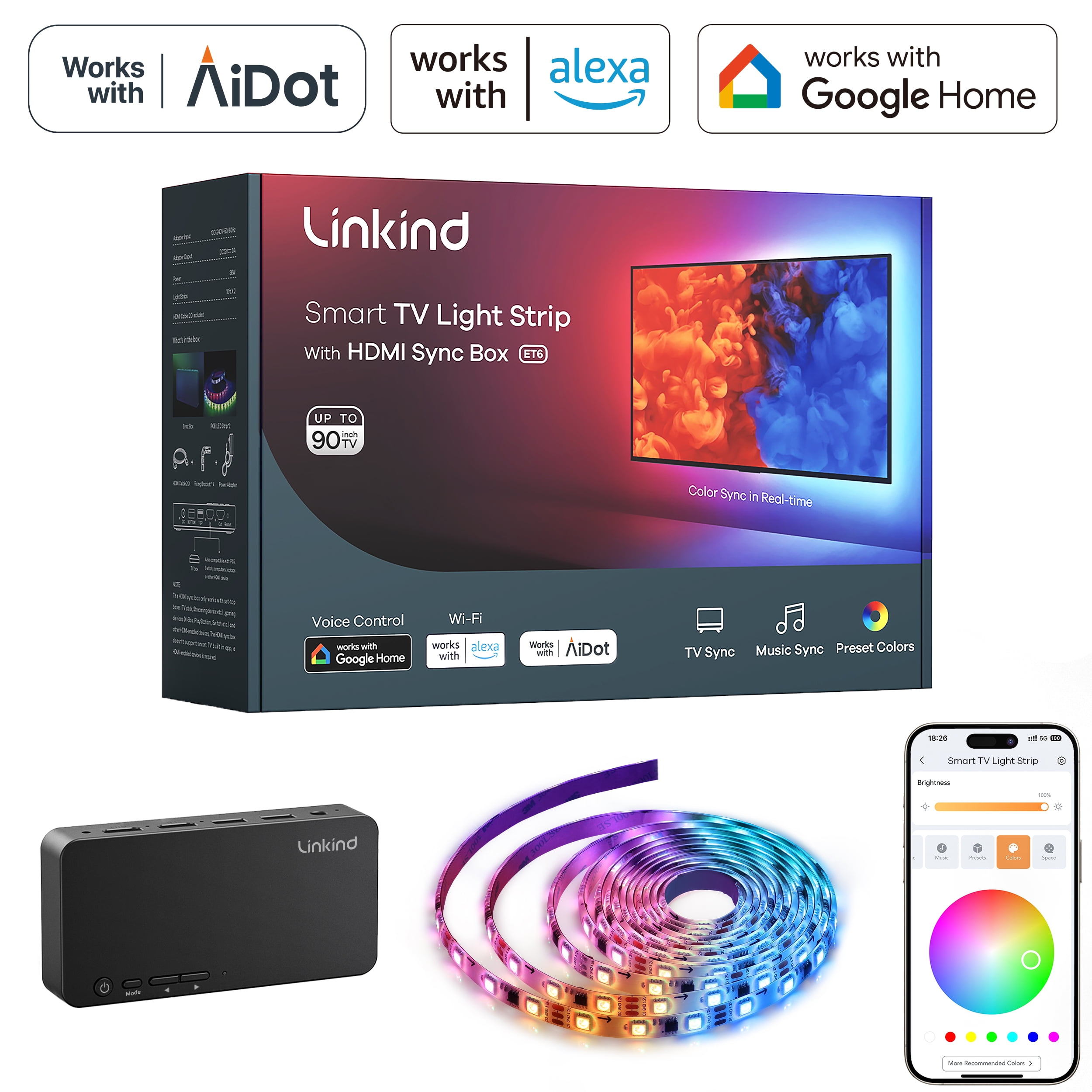 Linkind Smart LED Backlights, 10FT WiFi Strip Lights for 90 Linkind Smart LED Backlights, 10FT WiFi Strip Lights for 90