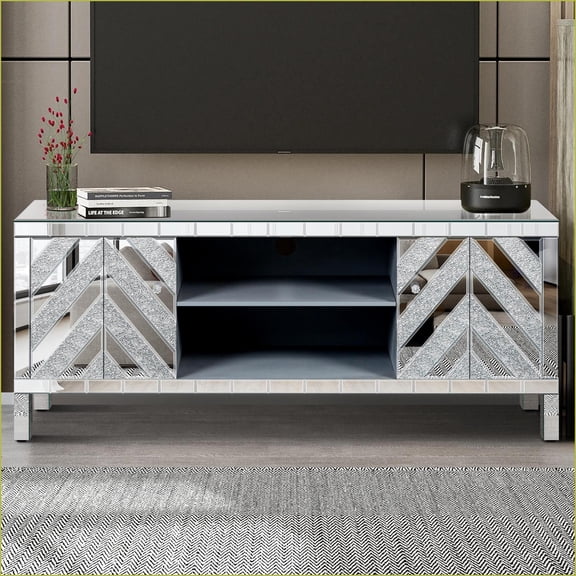 TV Media Console 47 Inch Modern Solid Wood + Glass with Diamond Doors, Open Storage | Antique Silver | TV Size Ranges 40-49 Inches