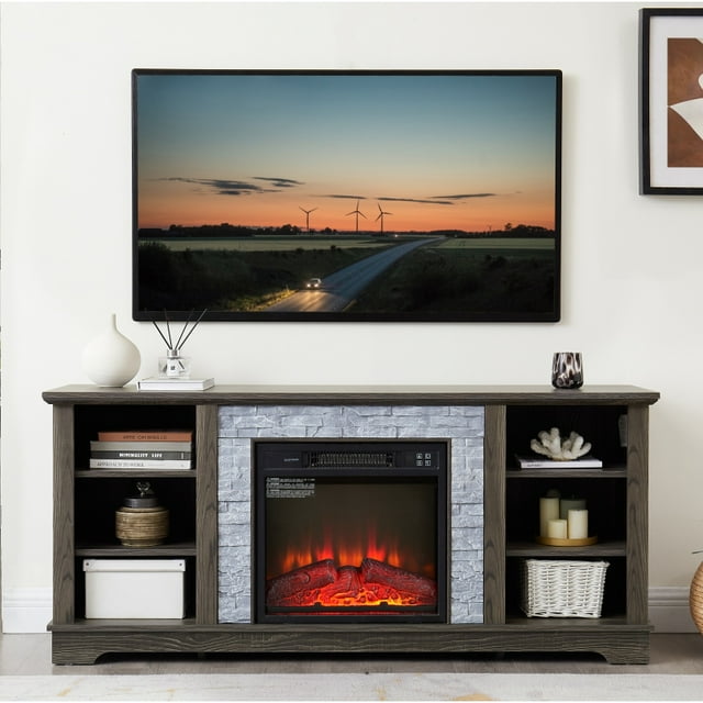 TV Media Stand with with Faux Stacked Stone Surround, Modern Entertainment Console with Open Storage Space, Cherry, 58.31"W*15.39"D*26.06"H