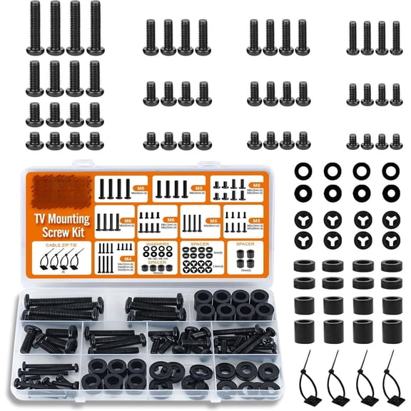TV Mount Screws Kit 94 count - M4 M5 M6 M8 Screws with Spacers and Zip Ties, TV Mounting Hardware Kit for 32-80 Inch TVs and Monitors