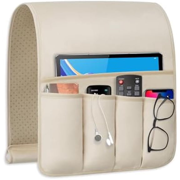 TV Remote Control Holder Couch Caddy, Non-slip Bedside Caddy Organizer with 5 Pockets for Key Glasses Phone Magazine Holders (Beige, 35"x12.4")