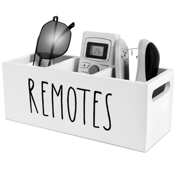 TV Remote Control Holder with 3 Compartment for Living Room Wooden Controller Organizer Smooth Bedside Table Organizer for Nightstand White