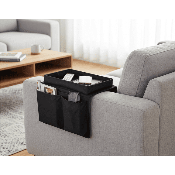 TV Remote Control Organizer Holder Drapes Over Sofa Arm Quality Armrest Organizer-5 Pocket Organizer W/ Arm Rest Tray Non-Slip Recliner Chair Caddy 11 x 7 Inch Table Top Black
