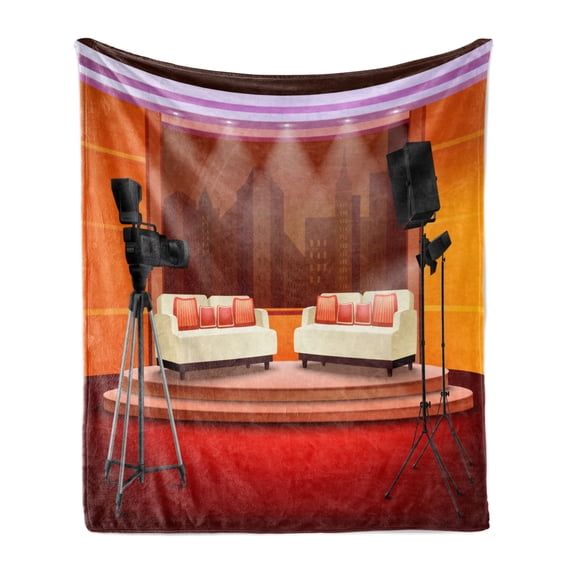 TV Show Soft Flannel Fleece Throw Blanket, Cartoon Style Graphic of Talk Show Studio with Couches Camera and Backstage View, Cozy Plush for Indoor and Outdoor Use, 50" x 70", Multicolor, by Ambesonne