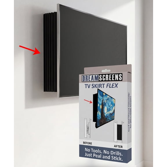 TV Skirt Flex Conceals TV Mounts and Cables Adjustable Width, Height, and Tilt One Size Fits Most TVs Easy Tool-Free Install Black