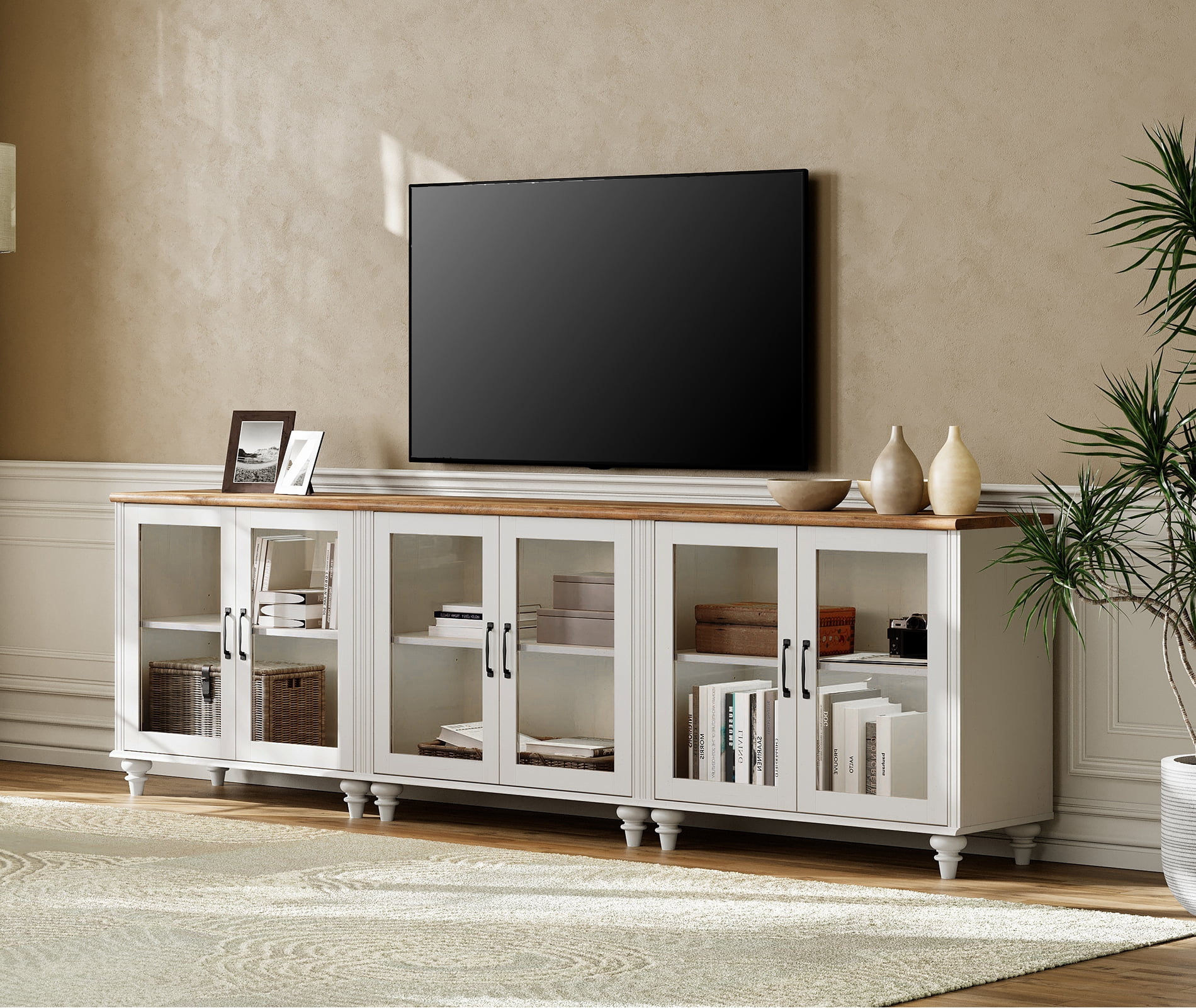 TV Stand for 100 Inch TV, Wooden Entertainment Center with 6 Glass Doors & Ample Storage, Off White Media Console for Living Room, Dining Room & Bedroom