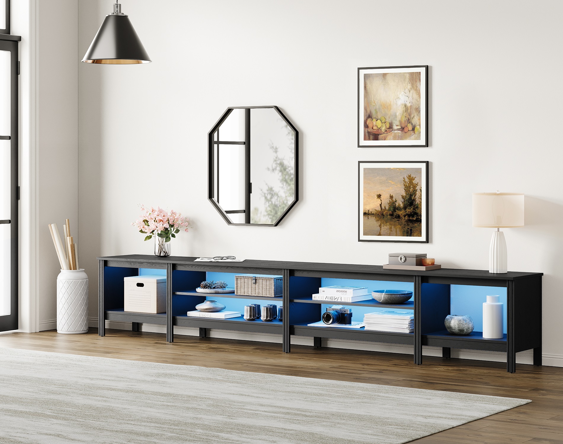 TV Stand for 100 inch TV Entertainment Center with LED Lights Wood TV