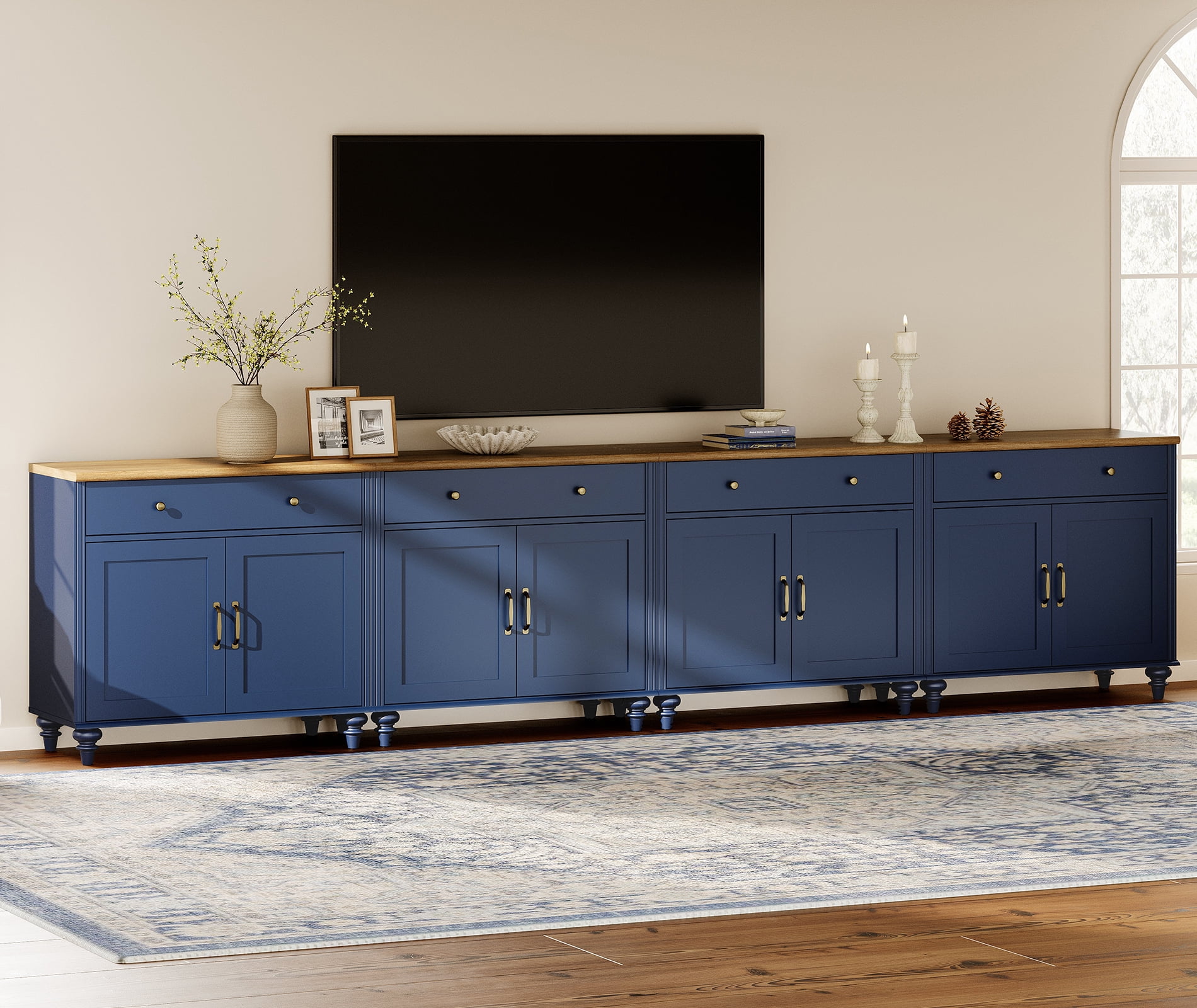 TV Stand for 100 inch TV with 8 Doors and 4 Drawers, Wood Universal TV Stands with Storage Cabinets, Entertainment Center TV Console Table for Living Room, Bedroom, Navy Blue