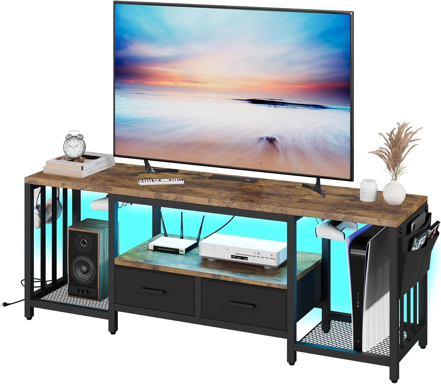 TV Stand with 2 Fabric Drawers & Power Outlets for TVs up to 70”, LED