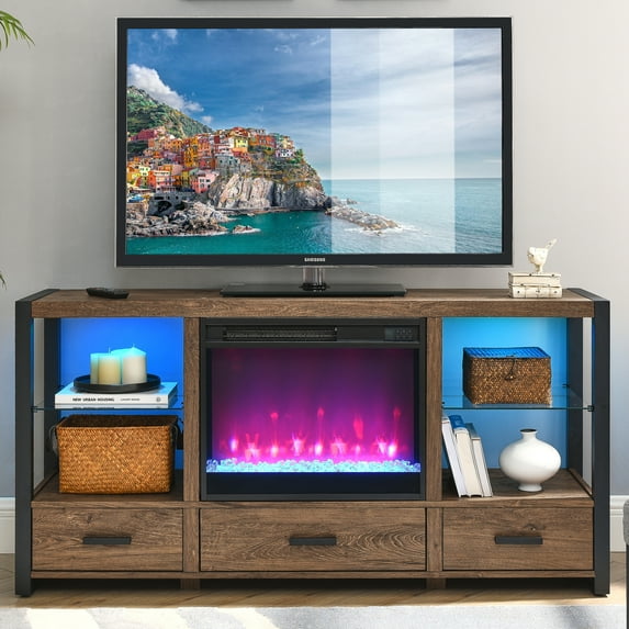TV Stand with 23" Fireplace for 70 Inch TV, 60" Brown Electric Fireplace TV Console with 8 Flame Colors and 8 Side Light Colors, Modern Living Room Bedroom TV Stand Storage Cabinet