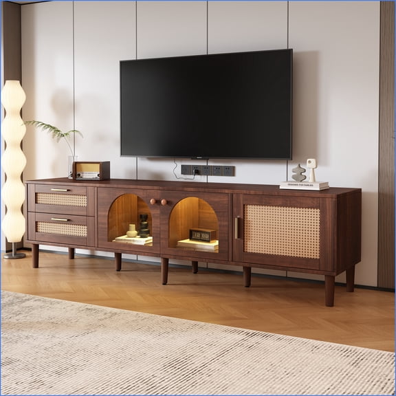 TV Stand with 3 Cabinets & 2 Drawers, Rattan-Inspired Media Console for TVs Up to 80'', LED Entertainment Center | Dark Brown | TV Size Ranges 70-79 inches