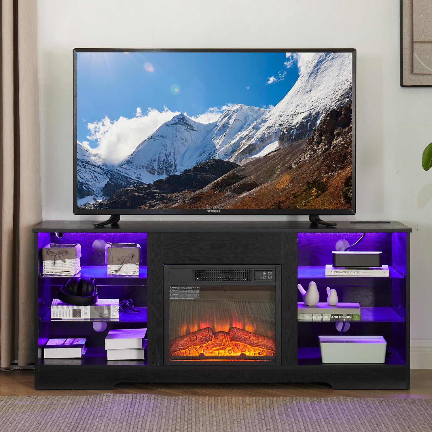 TV Stand with 3D Electric Fireplace for 62 Inch TV, 58 Inch Media Console with Glass Shelves, LED Lights, USB Charging Outlet Modern Television Table Center, Black