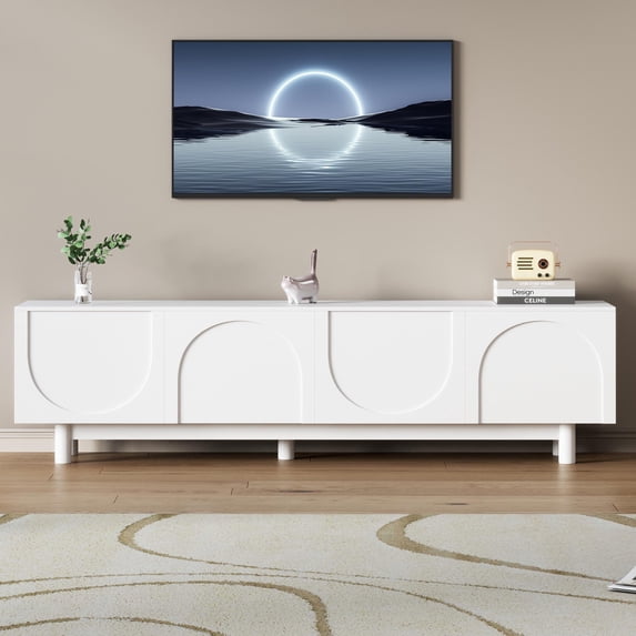 TV Stand with 4 Doors for TVs up to 78", Atumon Television Stand, Wood TV Cabinet with Adjustable Shelves, Modern Entertainment Center with 5 Legs, TV Stand Furniture for Living Room Bedroom, White