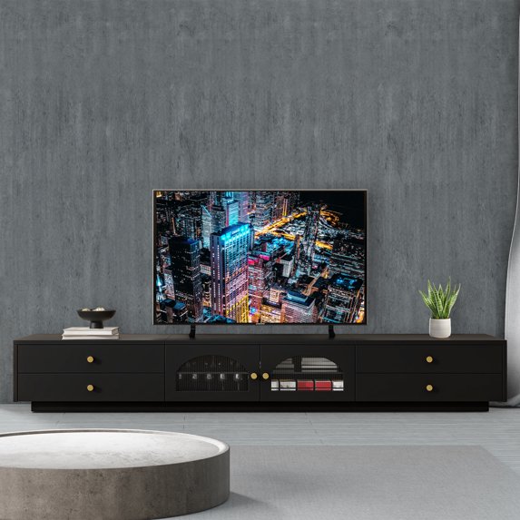 TV Stand with 4 Drawers, Modern Entertainment Center, Atumon TV Stand for 90" TVs, Television Console with 2 Fluted Glass Doors, Living Room TV Stand Furniture, 86.6"L x 15.7"W x 12.8"H, Black