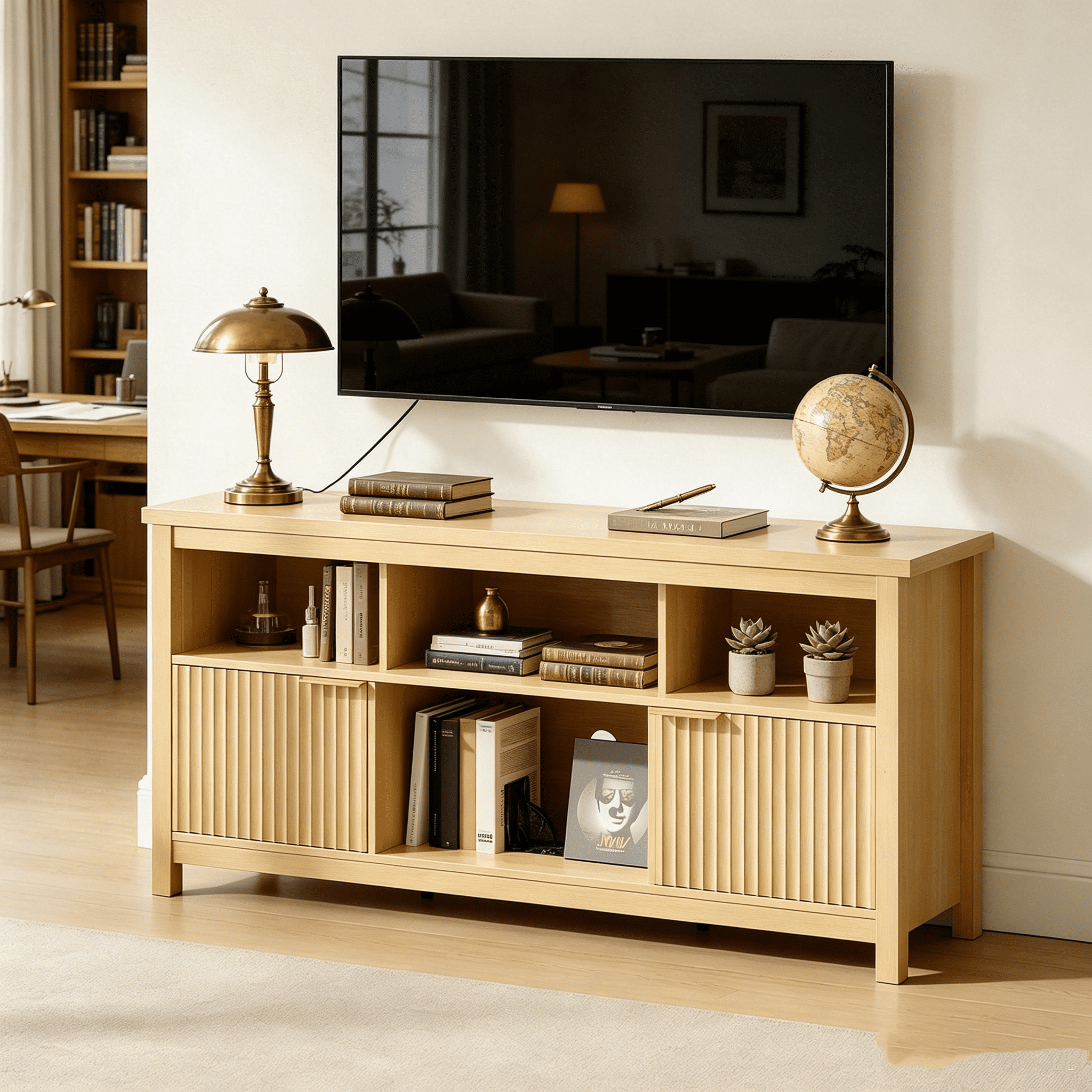 TV Stand with 4 Open Cubbies & 2 Fluted Hinged Storage Doors, Adjustable Inner Shelves, Cable Management Holes, Media Console Cabinet for Living Room Bedroom, 58.07" x 14.96" x 27.36"