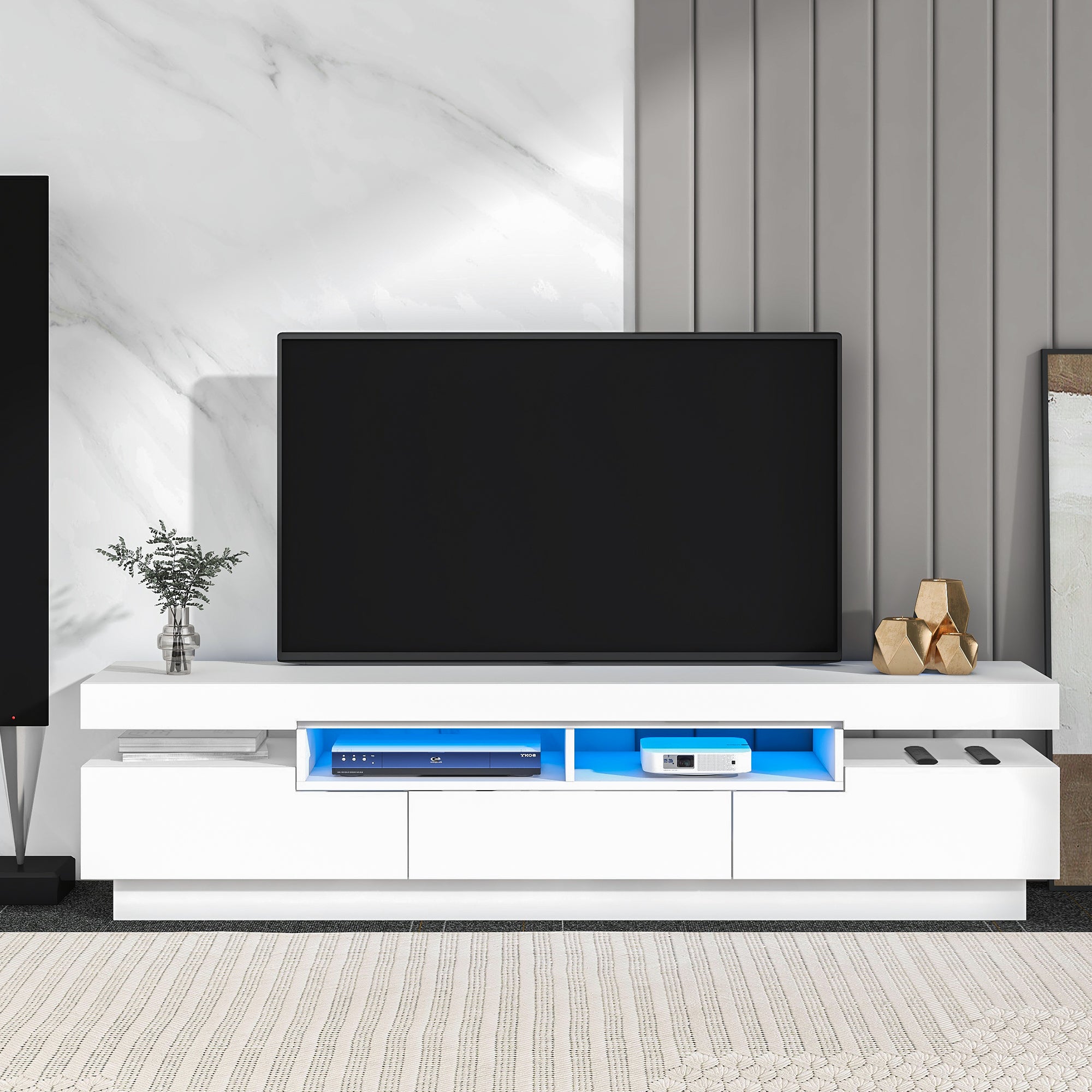 TV Stand with 4 Open Shelves, Modern High Gloss Entertainment Center