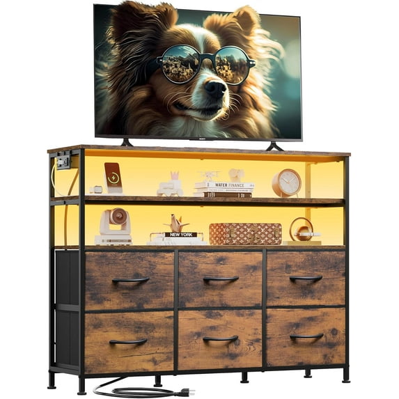 TV Stand for 40, 45 inch TV, Entertainment Center with LED Lights & Charging Station, TV Media Console Table with 6 Fabric Drawers and Open Shelves for Living Room, Hallway, Rustic Brown
