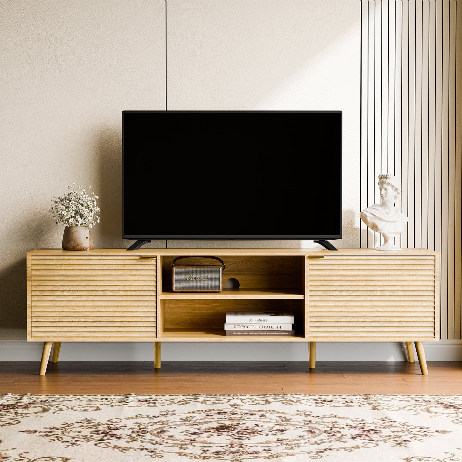TV Stand for 40-65 inch TVs, Modern Entertainment Center with Storage Cabinet & Drawers, Heavy-Duty Wood Console Table with Cable Management, Easy Assembly for Living Room, Natural Oak
