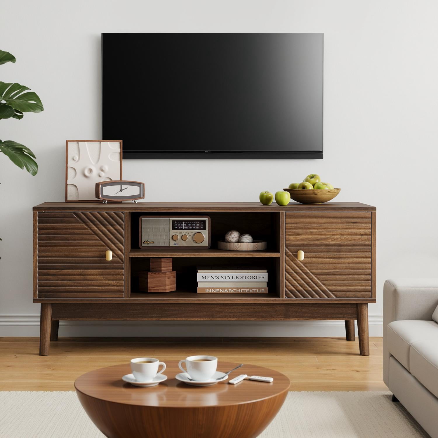 TV Stand, 43 Inch Mid-Century Modern Media Console with Open Storage and Cable Management Holes, Wood Construction for Living Room, Walnut Finish