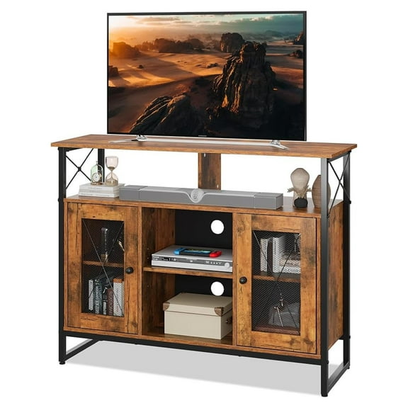TV Stand for 43 Inch TV, Small Entertainment Center with Storage Cabinet & Adjustable Shelves, Farmhouse Industrial TV Stands for Living Room and Bedroom, 32" TV Console, Rustic Brown