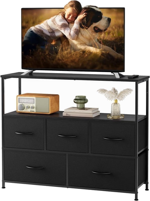 TINKLE WELL Storage dresser TV stand with 5 Fabric Drawers and Wood Open Shelf, Media Console Organizer for 45'' TV, Ideal for Living Room, Bedroom, or Apt, Black