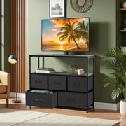 TINKLE WELL Storage dresser TV stand with 5 Fabric Drawers and Wood Open Shelf, Media Console Organizer for 45 TV, Ideal for Living Room, Bedroom, or Apt, Black