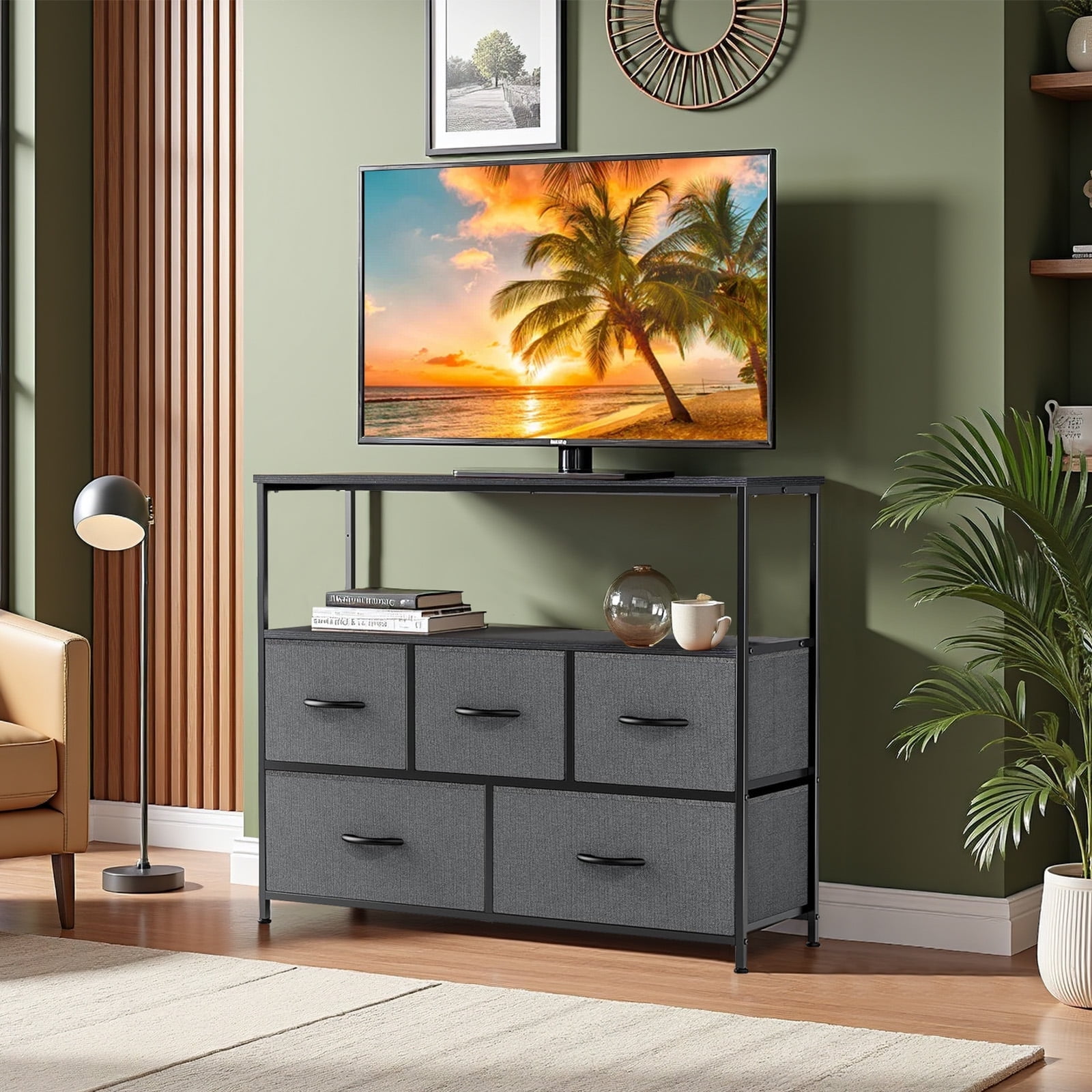 TINKLE WELL Storage dresser TV stand with 5 Fabric Drawers and Wood Open Shelf, Media Console Organizer for 45'' TV, Ideal for Living Room, Bedroom, or Apt, Gray