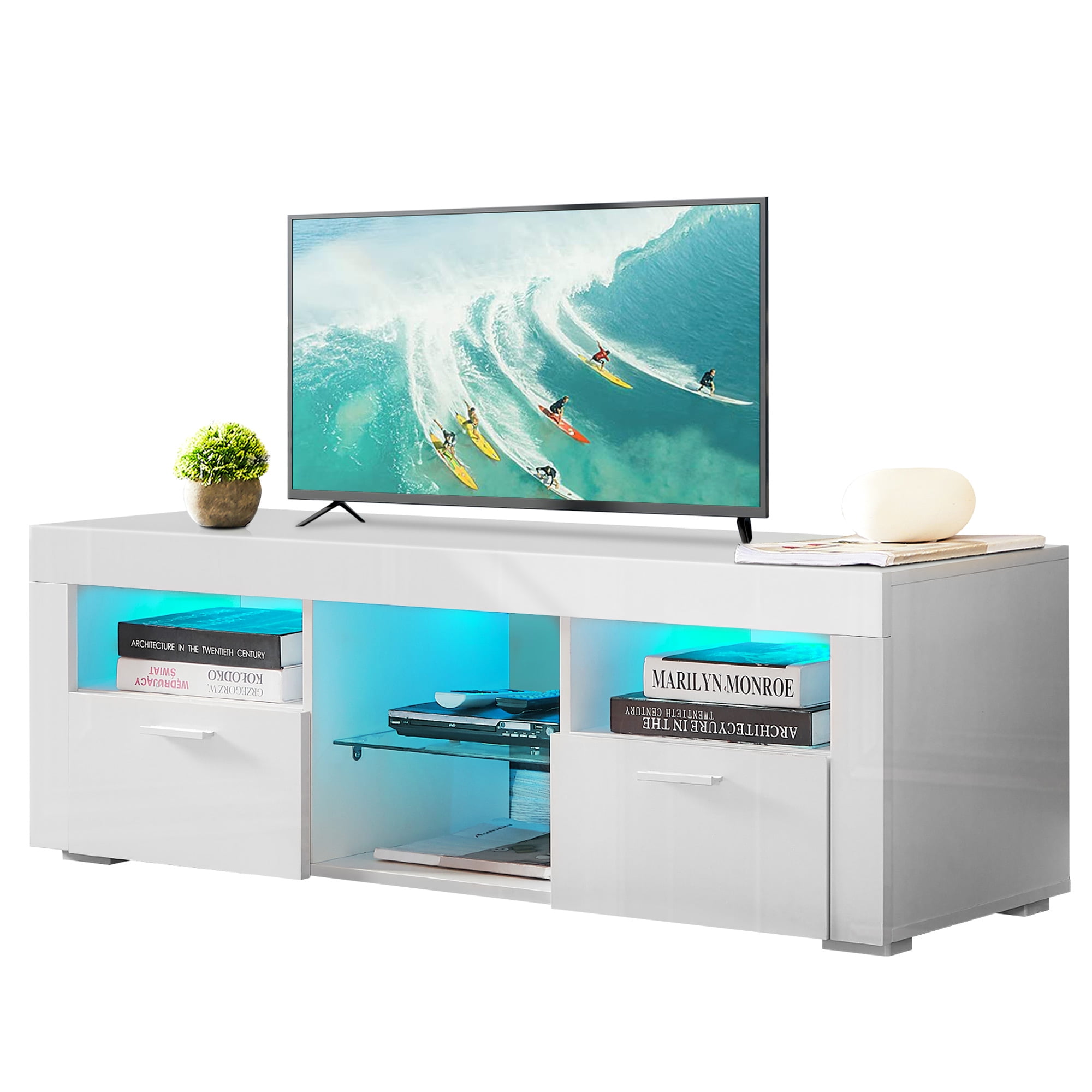 TV Stand for 50 Inch TV New Upgraded High Gloss Entertainment Center TV Cabinet with 16 Colors LED Light Storage Drawers and Glass Media Shelf