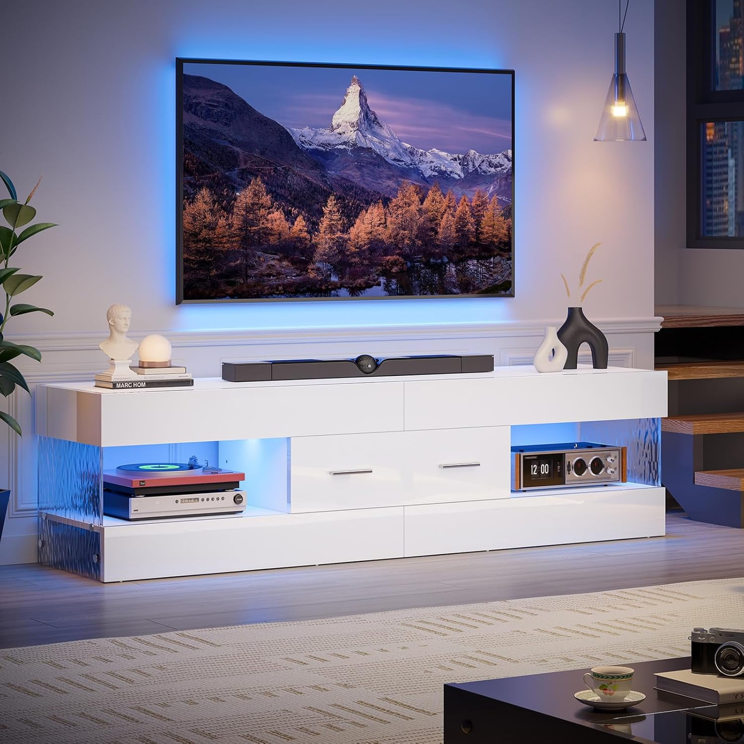 TV Stand for 55/60/65 Inch TV, High Gloss Modern TV Stand with Stone ...