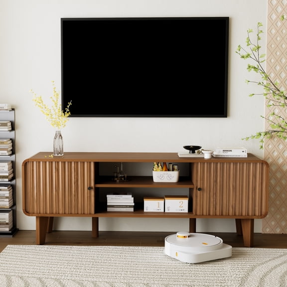 TV Stand for 55/60/65 inch TV, Mid Century Modern Entertainment Center with Storage and Round Corner Design, TV Media Console Television Stands for Living Room and Bedroom, Walnut