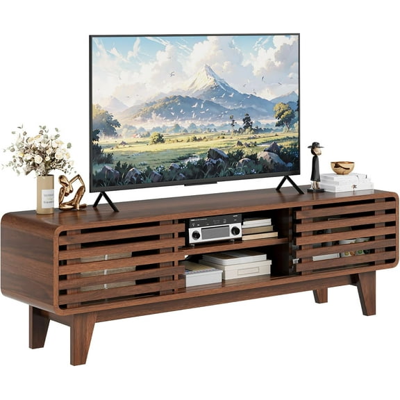 TV Stand for 55/60/65 inch TV Mid Century Modern Entertainment Center with Storage Shelves and Grille Sliding Doors, TV Media Console Television Stands for Living Room, Bedroom, Walnut