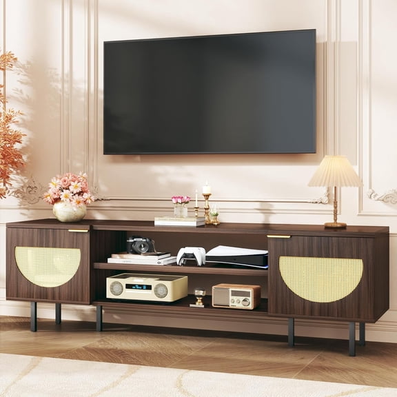 TV Stand for 55/60/65 inch TV, Modern Entertainment Center with Storage, Rattan TV Stands with 2 Cabinets & Adjustable Shelf, TV and Media Console for Living Room, Bedroom, Walnut