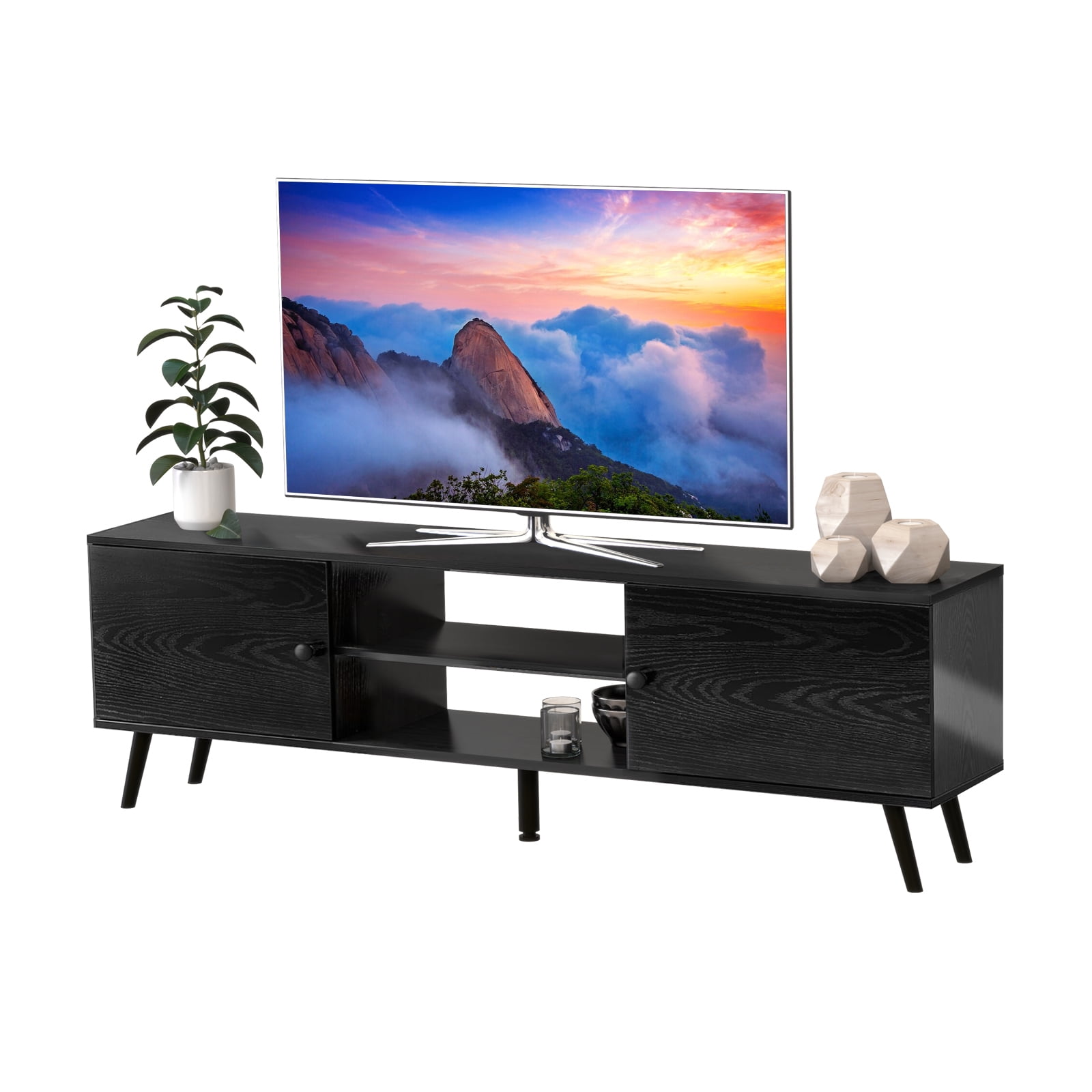 TV Stand for 55-60 inch TVs, Mid-Century Modern Entertainment Center with Storage, Wood Media Console, Black