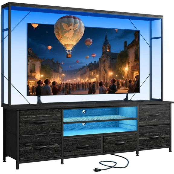 TV Stand for 55 60 inch TV, Large Wall Unit Entertainment Center with LED Lights & Power Outlets, TV Stands for Living Room, Closet, Entryway,13.8" D x 55" W x 61" H, Black