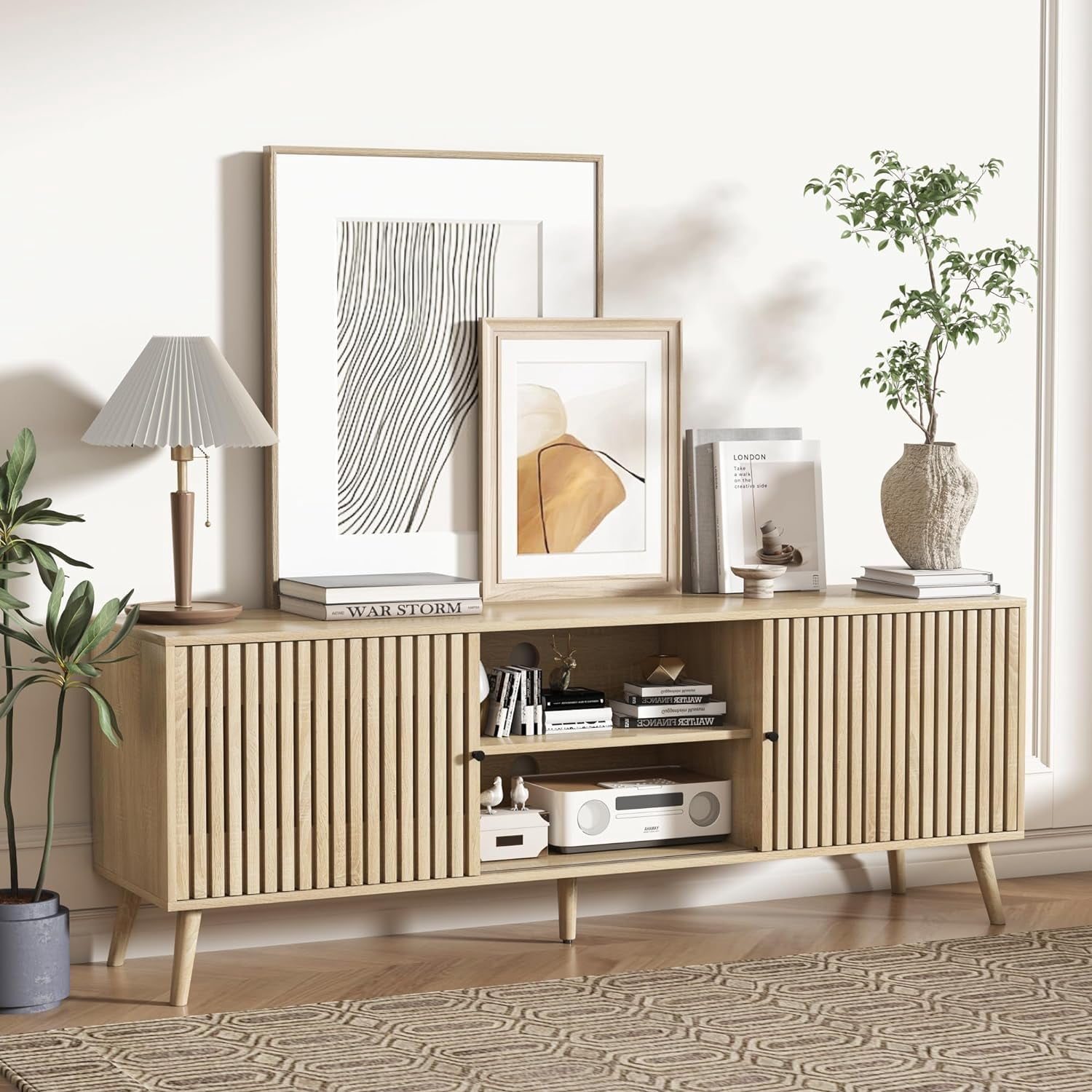 Rattan TV Stand For 55-70 Inch TVs – Farmhouse Media Console With Storage Cabinets, Sliding Doors | Boho Living Room Entertainment Center