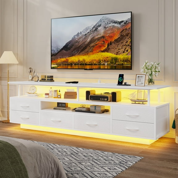 TV Stand for 55 65 70 Inches, Modern TV Console with LED Lights & Power Outlets, Entertainment Center with Storage for Living Room, Open Shelves & 6 PU Fabric Drawers,White