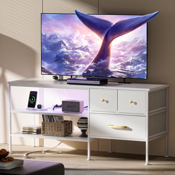 TV Stand for 55 Inch TV with Power Outlets & LED, Industrial Media Entertainment Center for Living Room Bedroom TV Console Table with Metal Frame Storage Shelves (White)