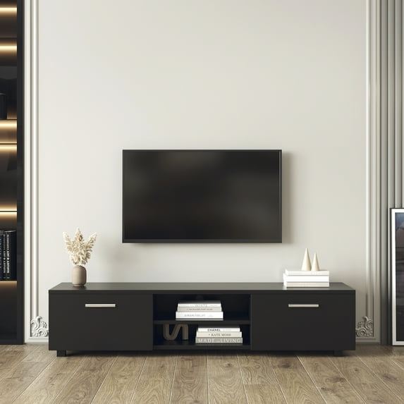 TV Stand for 55 Inch TV, Television Table with 2 Storage Cabinet and Open Shelves, Wood Storage Cabinet with 2 Doors for Living Room Bedroom, Easy Assembly, Black, 13.78”x15.75”x63”