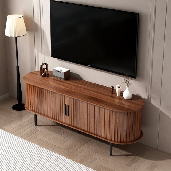 TV Stand, 55" Modern TV Console Table with Storage Compartment and Sliding Door, Gaming Entertainment Center with Cabinet for Living Room, Bedroom, Office (Walnut)