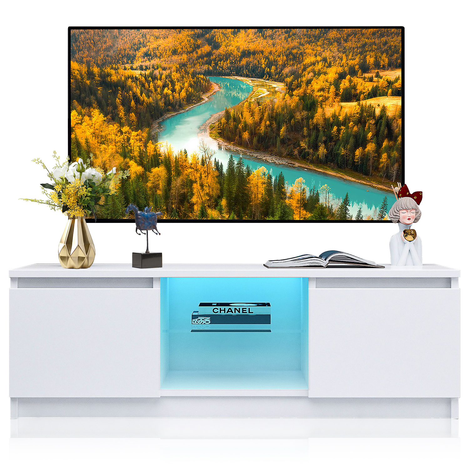 TV Stand for 55 inch TV, Seizeen Media TV Console with LED RGB Lights