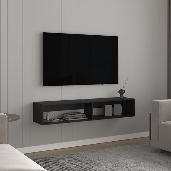 TV Stand 59.10 in Wide | 2 Shelves for Media Storage | Engineered Wood, Ready to Assemble | Fits Small Spaces Easily