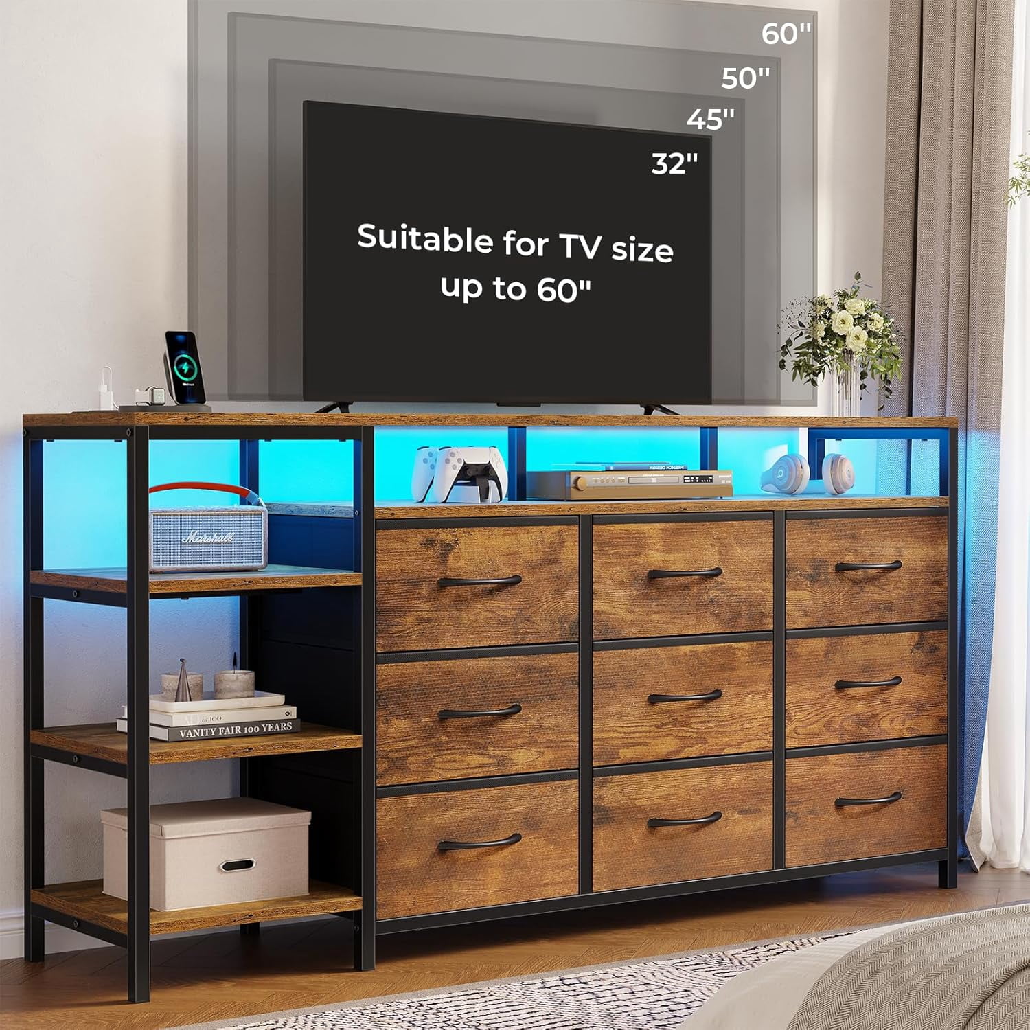 TV Stand for 60 Inches, Dresser With Charging Station & LED Lights, 9 ...