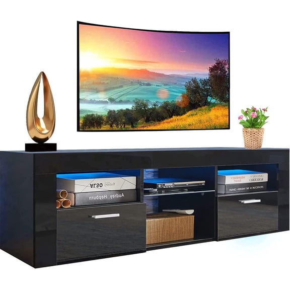 TV Stand for 60 inch TV 50 55 65 70 Inch with LED Lights and Storage Drawer, Modern LED TV Stand Console Table, 60+ inch TV Black Media Cabinet Entertainment Center for Living Room Video Game Movie