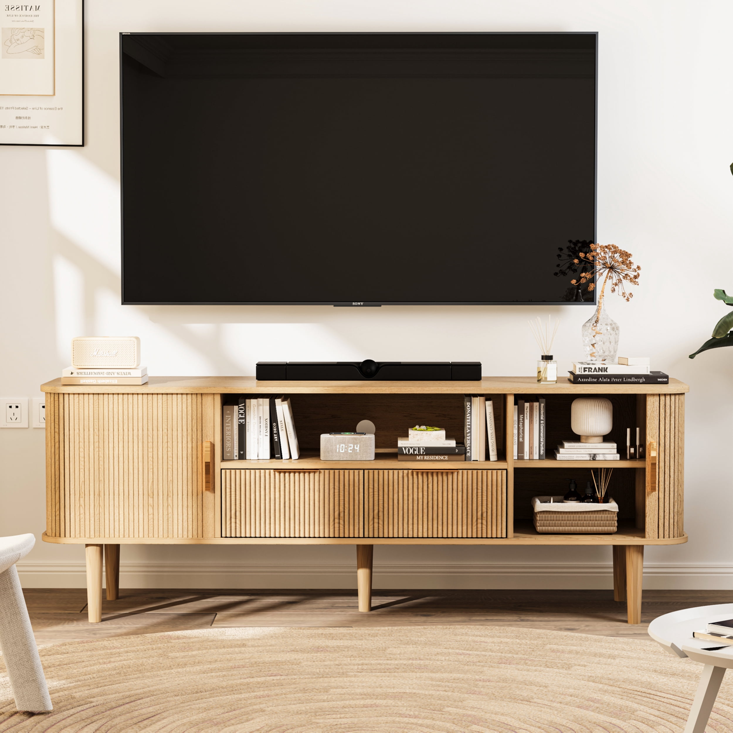 TV Stand 62.4 Inch Mid Century Modern Media Console Table with Drawer Shelves Sliding Tambour Door Farmhouse Sideboard Buffet Cabinet Fits TVs up to 75 inch Fluted Wood Entertainment Center