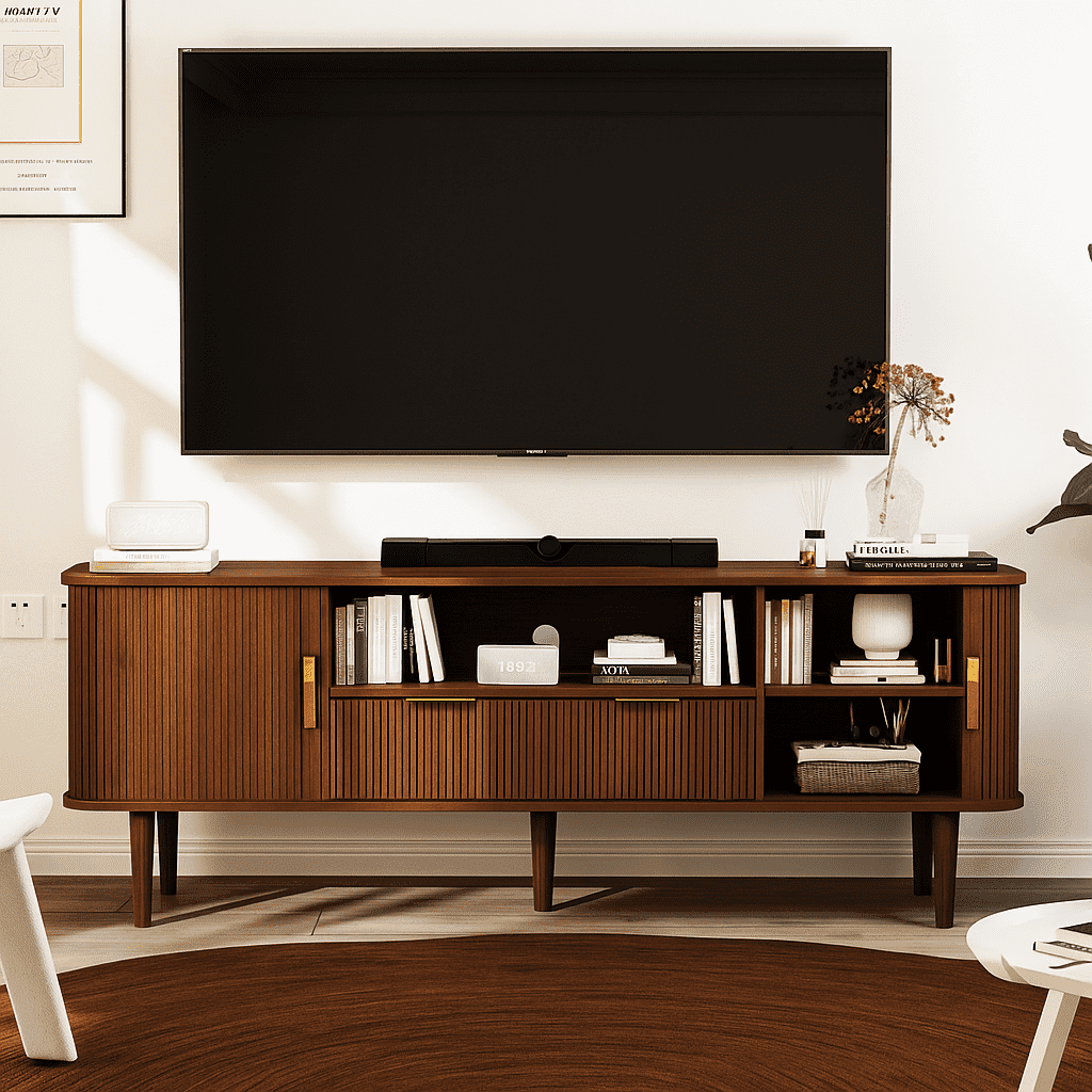 TV Stand 62.4 Inch Mid Century Modern Media Console Table with Drawer Shelves Sliding Tambour Door Farmhouse Sideboard Buffet Cabinet Fits TVs up to 75 inch Fluted Wood Entertainment Center