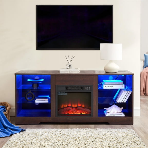 TV Stand for 62 Inch TV, Entertainment Center with Electric Fireplace, LED Lights and Power Outlets, Modern TV Console for Living Room, Bedroom (Espresso)