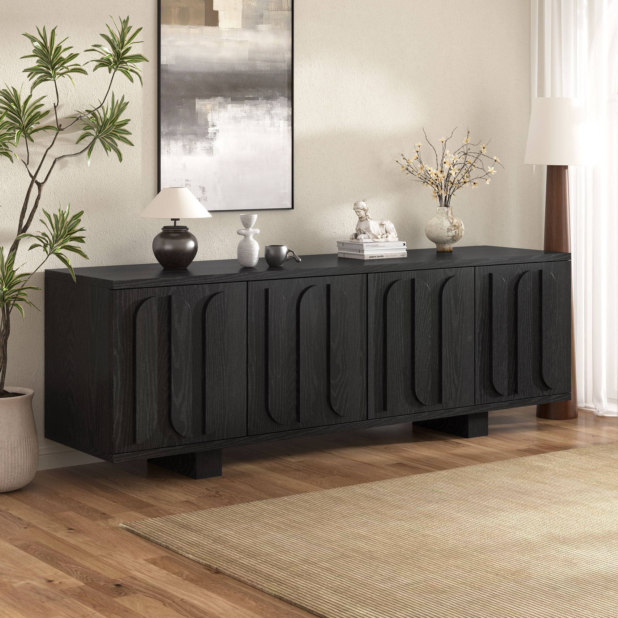 TV Stand 63 Inch Farmhouse for TVs up to 75 Inch, Media Console and Entertainment Center with Adjustable Shelves and Cable Holes, Black