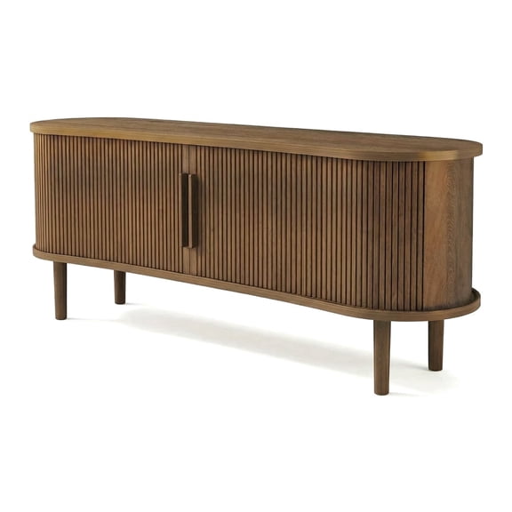 TV Stand, 63" Mid-Century Modern Media Console with Vertical Ribbed Door & Open Shelf, 150 lbs Capacity, Walnut Finish, Entertainment Center for Living Room