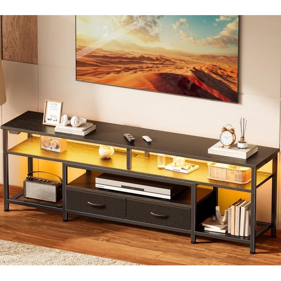 TV Stand for 65 70 Inch TV, Entertainment Center with Power Outlets and LED Lights, TV Console for Living Room, Media Console with Drawers and Shelves, Black